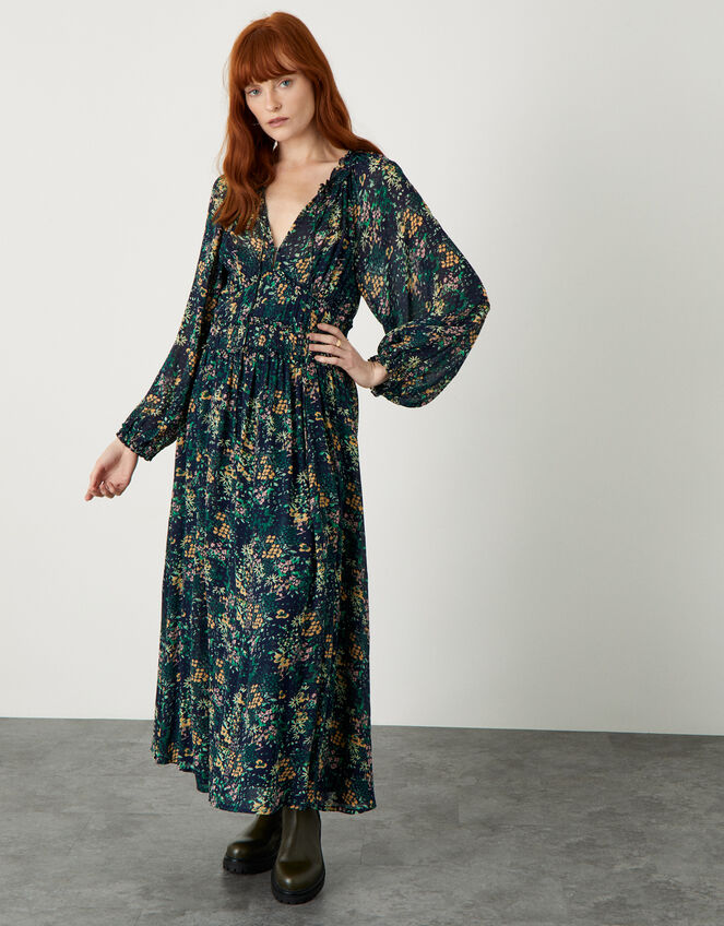 Floral Midi Dress in Sustainable Viscose, Blue (NAVY), large