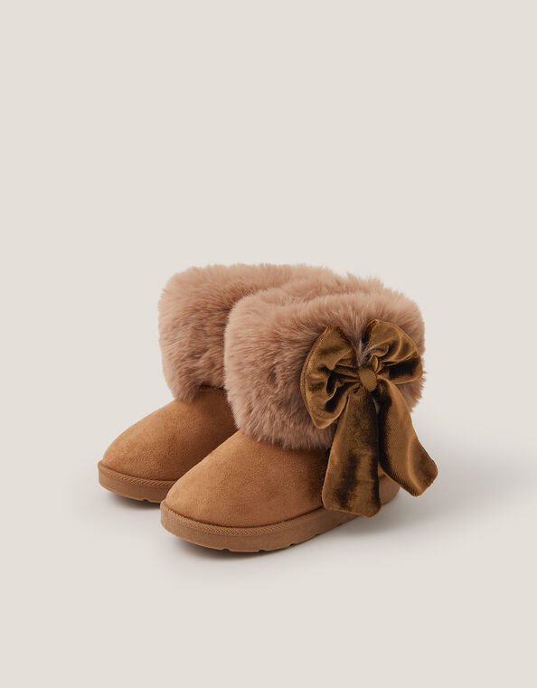 Baby Bow Faux Fur Boots, Tan (TAN), large