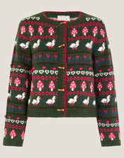 Monsoon x Sarah Corbett-Winder Duck Fair Isle Cardigan, Green (KHAKI), large