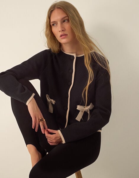 Monsoon x Queens of Archive Paris Round Neck Bow Contrast Cardigan​, Black (BLACK), large