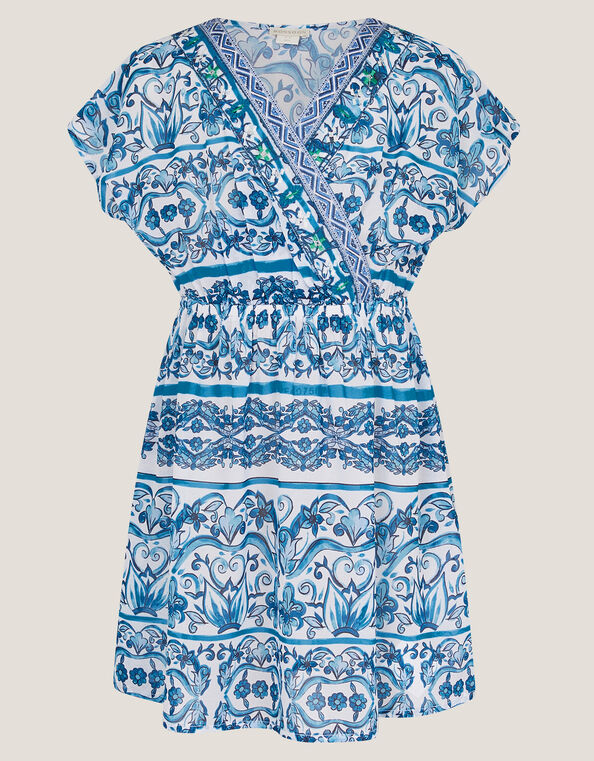 Ornate Floral Print Kaftan Dress, Blue (BLUE), large