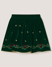 Christmas Wreath Embroidered Velvet Skirt, Green (GREEN), large