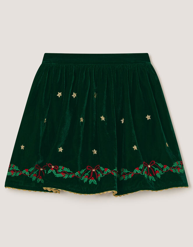 Christmas Wreath Embroidered Velvet Skirt, Green (GREEN), large