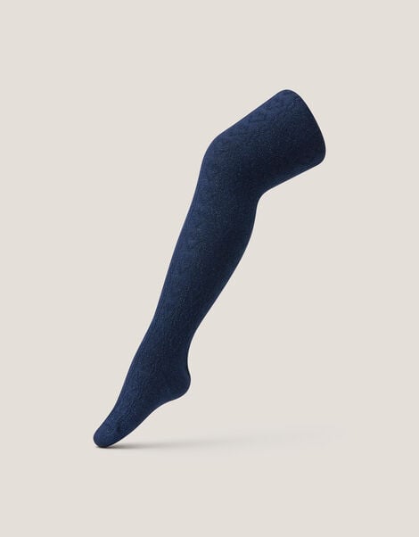 Cable Heart Glitter Tights, Blue (NAVY), large
