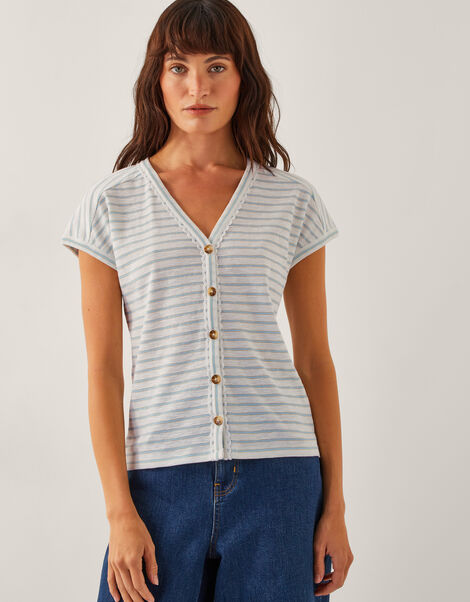 Sasha Button Stripe T-Shirt, Ivory (IVORY), large