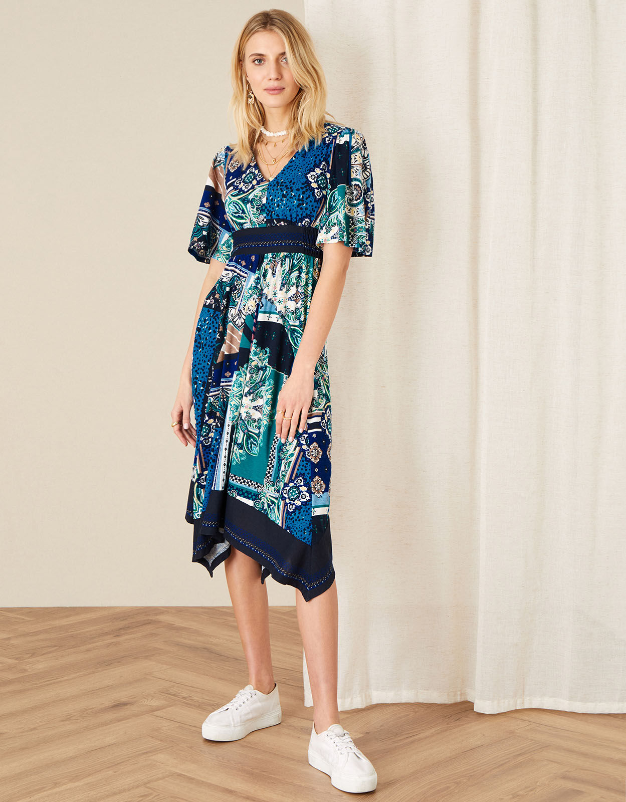 Hartley Mix Print Hanky Hem Dress Blue Work Dresses Monsoon Global