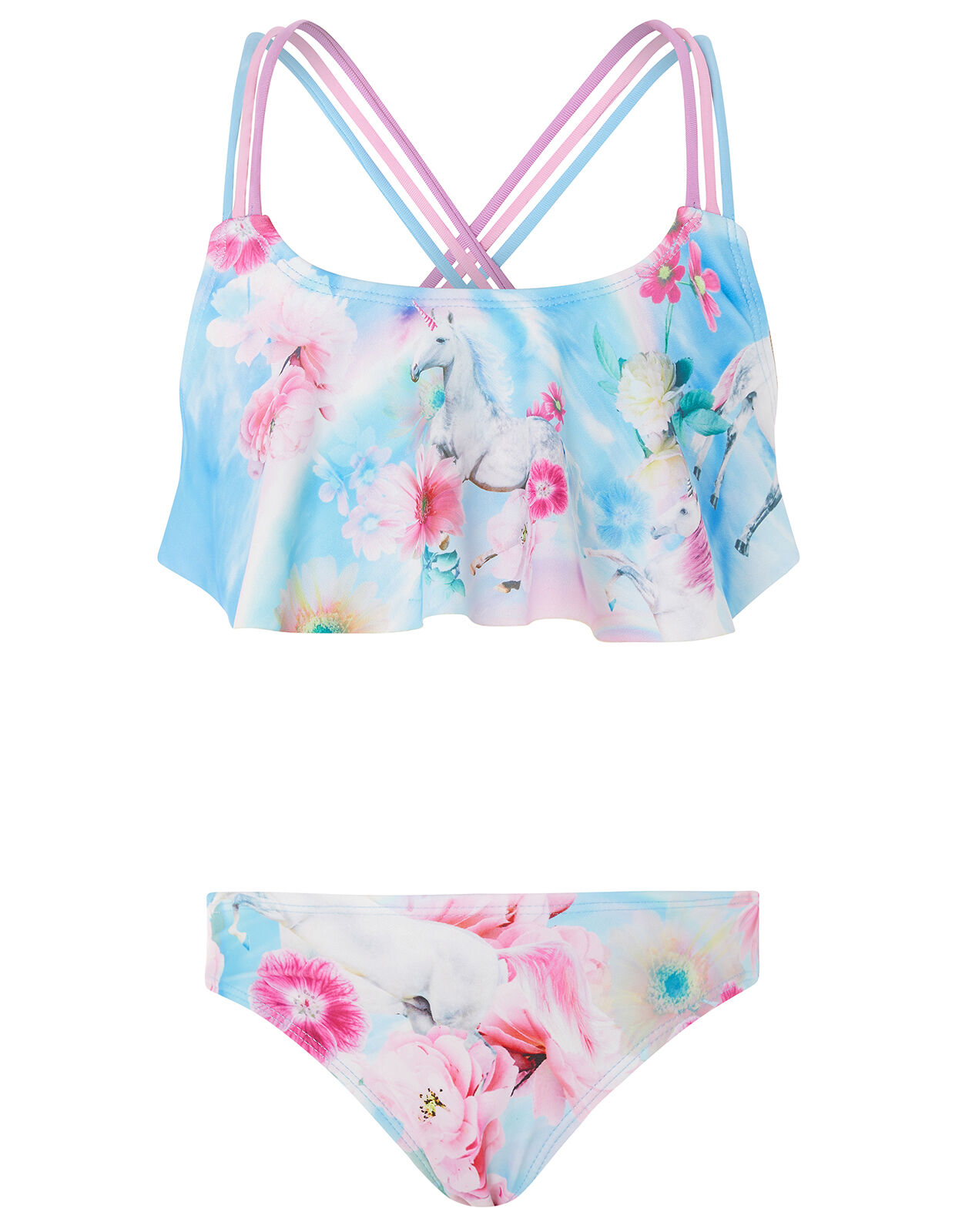 Unicorn Rainbow Frill Bikini Set Blue Girls Beach Swimwear Monsoon Global