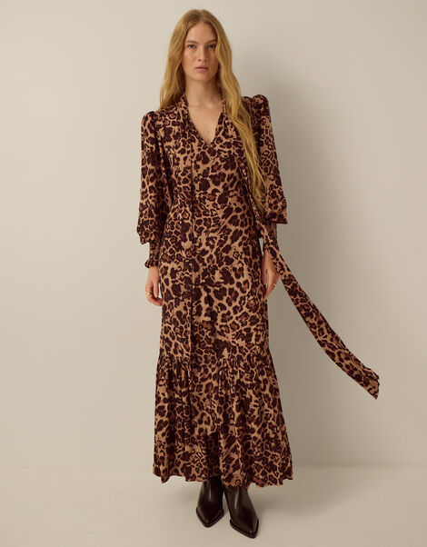 Monsoon x Queens of Archive Pearl Tie Neck Leopard Print Maxi Dress​, Brown (BROWN), large