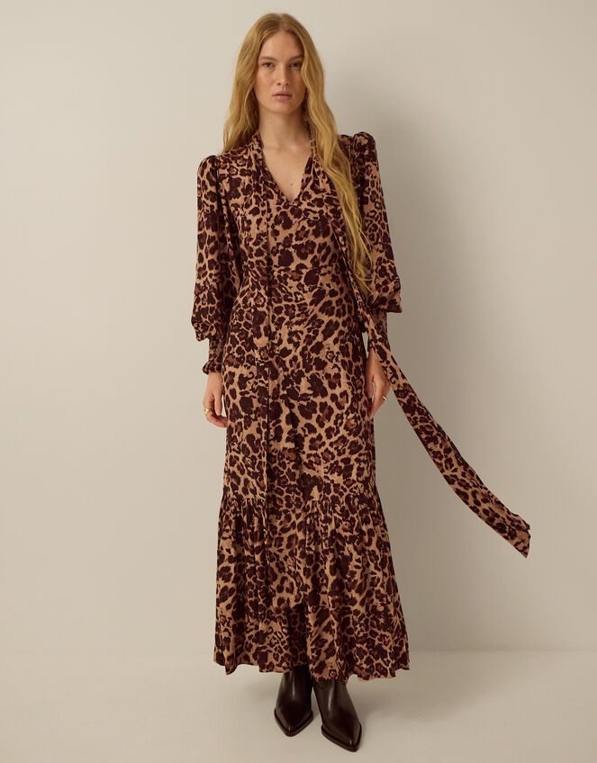 Monsoon x Queens of Archive Pearl Tie Neck Leopard Print Maxi Dress​, Brown (BROWN), large