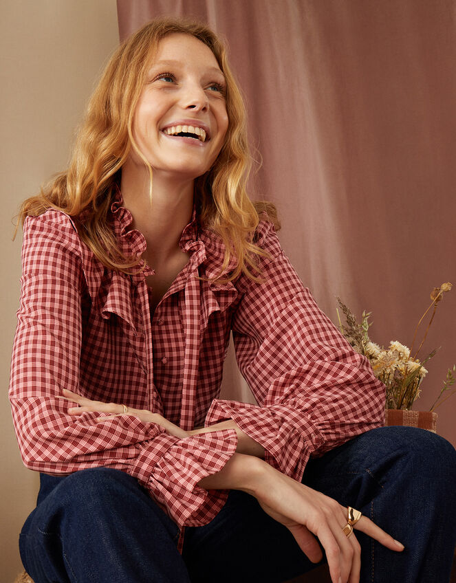 Monica Check Frill Blouse, Pink (PINK), large