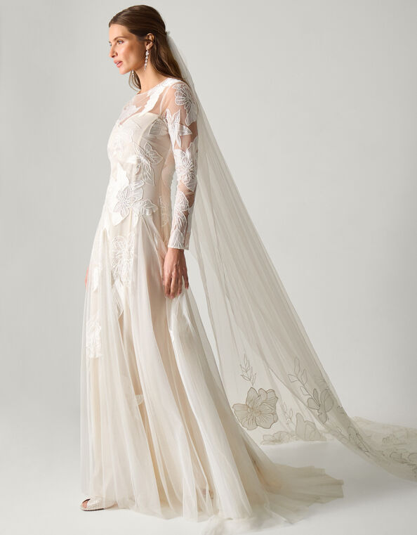 Milena Long Sleeve Floral Embroidered Mesh Wedding Dress, Ivory (IVORY), large