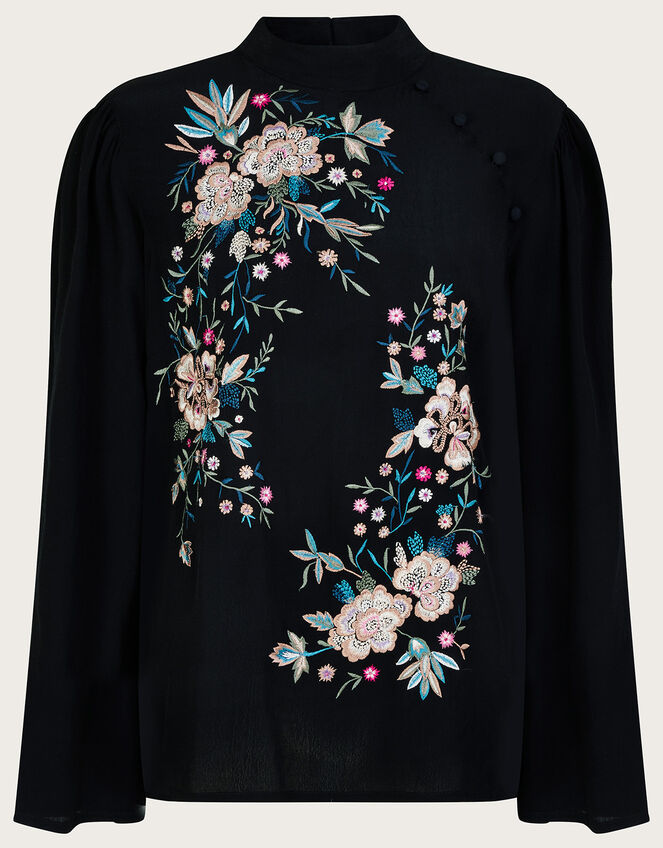 Mary Embroidered Top in Sustainable Viscose, Black (BLACK), large