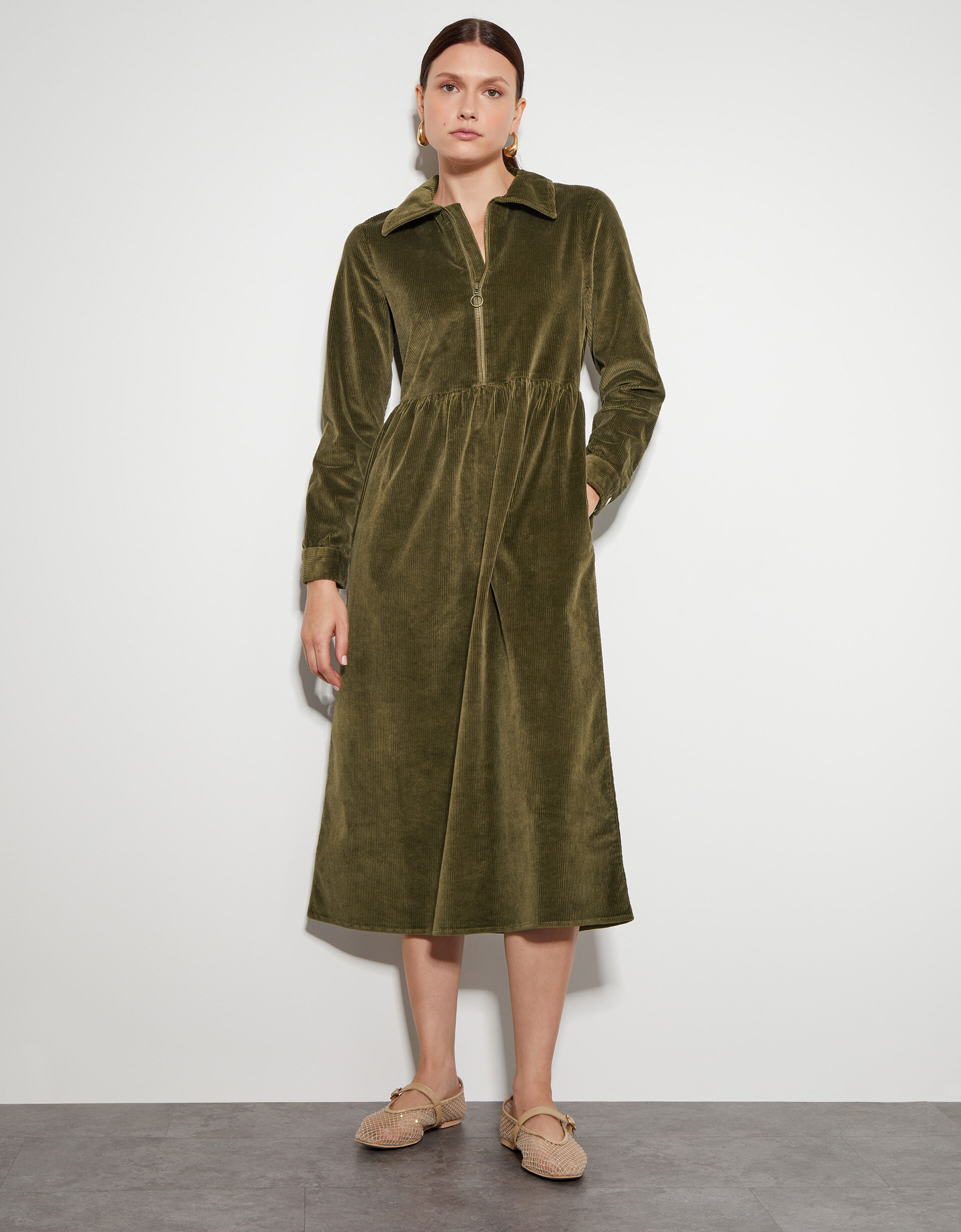 Alana Cord Zip Midi Dress Green