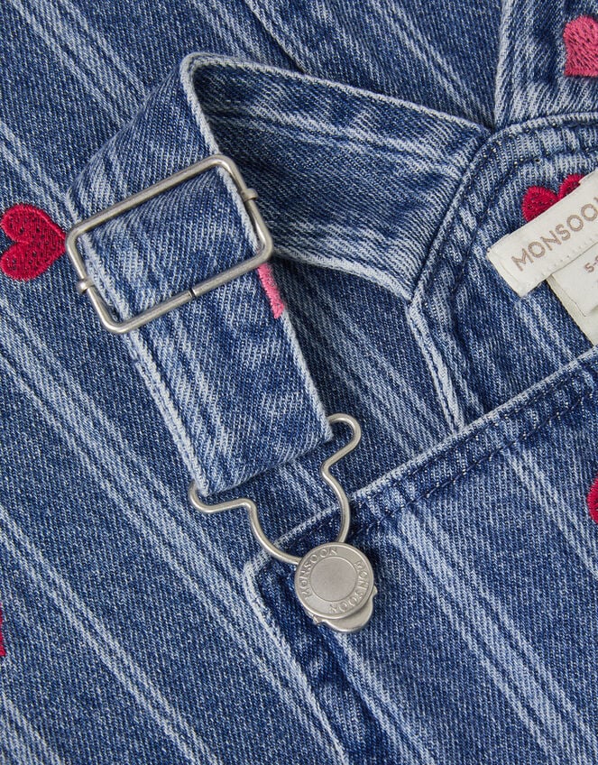 Embroidered Heart Pinafore Denim Dress , Blue (BLUE), large