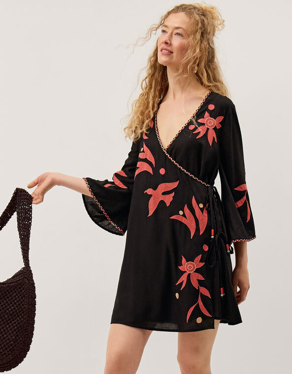 Zora Embroidered Mini Wrap Dress, Black (BLACK), large