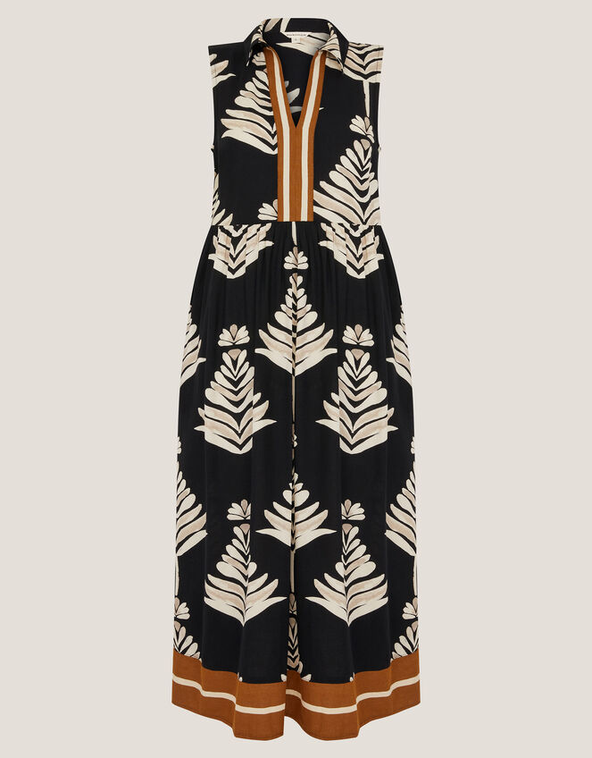 Pamela Linen Blend Leaf Print Midi Dress, Black (BLACK), large