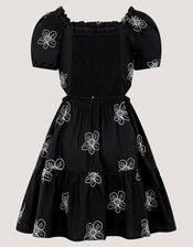 Puff Sleeve Floral Embroidered Dress, Black (BLACK), large