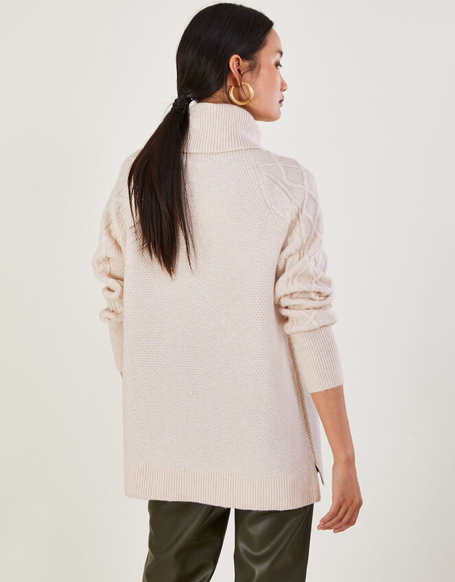 Cable Split Neck Bobble Jumper with Recycled Polyester, Ivory (IVORY), large