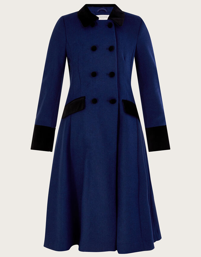 Velvet Trim Skirted Coat, Blue (BLUE), large