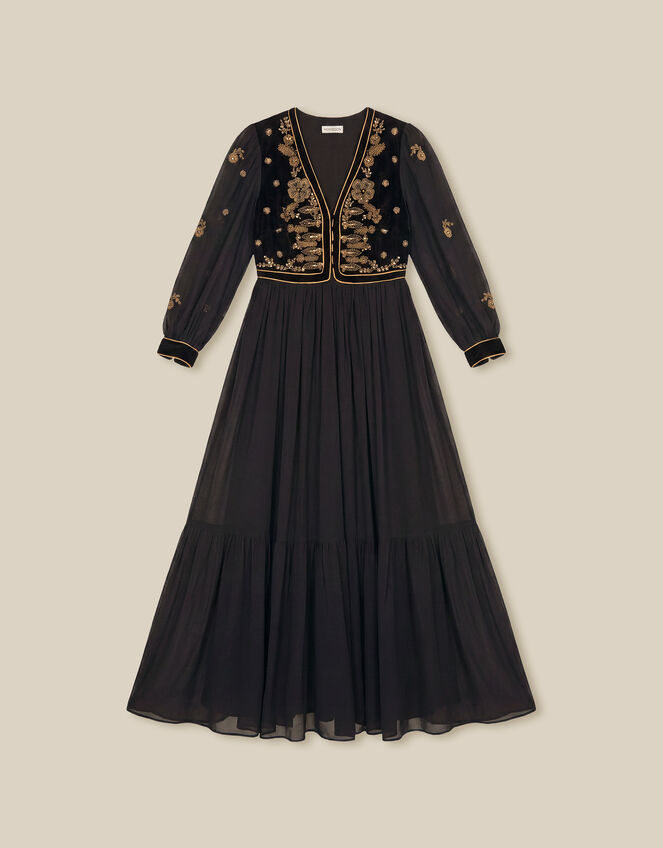 Ella Floral Embellished Velvet Maxi Dress, Black (BLACK), large