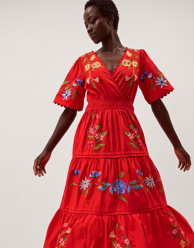 Emma Floral Embroidered Midi Dress, Red (RED), large