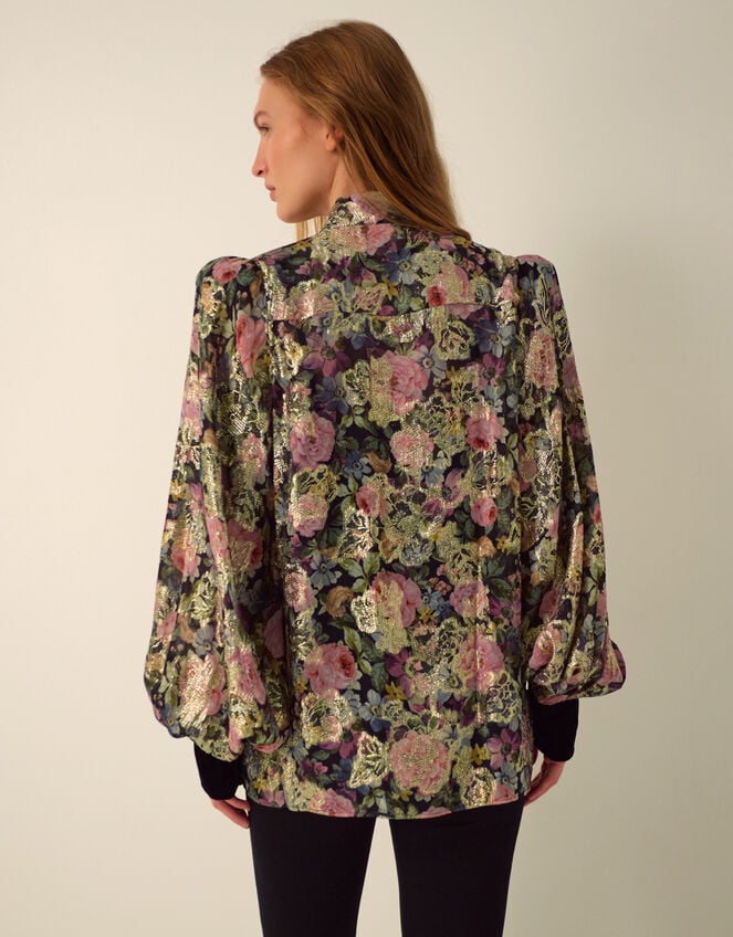 Monsoon x Queens of Archive Patti Metallic Floral Jacquard Blouse​, Black (BLACK), large