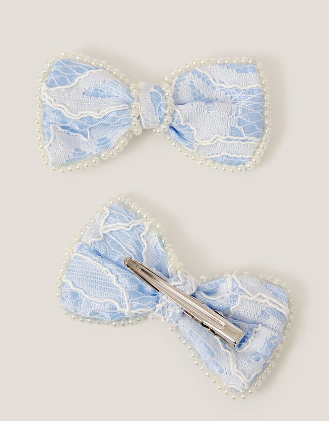 2-Pack Pearly Lace Bow Hair Clips, Blue (BLUE), large