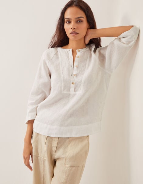 Rosa Linen Bib Blouse, White (WHITE), large