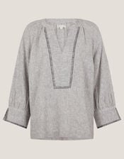 Frida Linen-Blend Stripe Top, Blue (BLUE), large