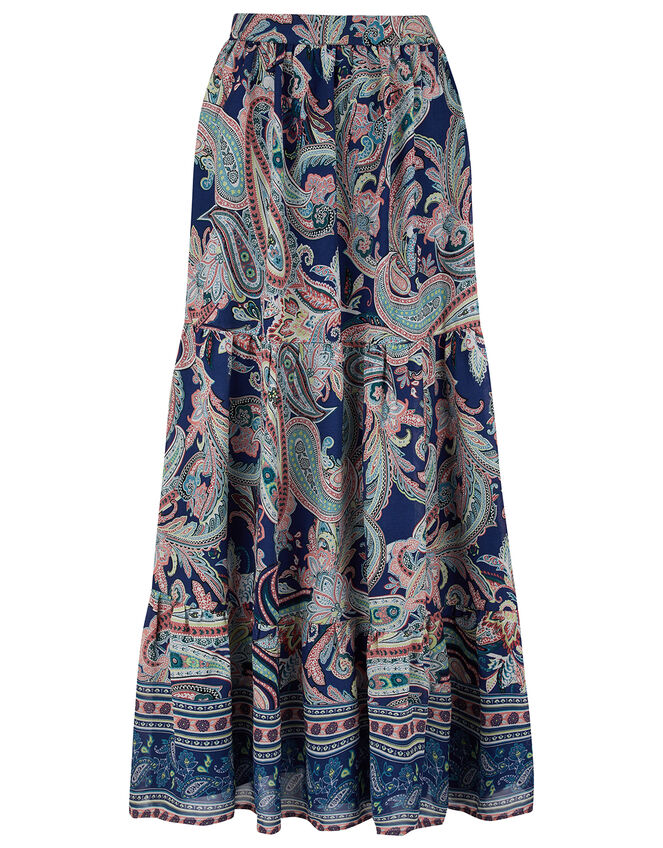 Paisley Print Tiered Midi Skirt, Blue (BLUE), large
