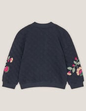 Floral Embroidered Quilted Bomber Jacket, Blue (NAVY), large