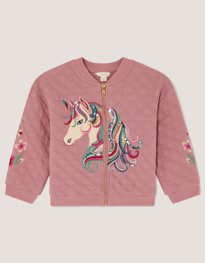 Embellished Unicorn Quilted Bomber Jacket, Pink (PINK), large
