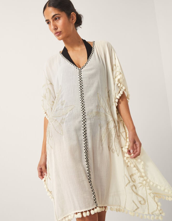 Penny Tassel Embroidered Kaftan, Ivory (IVORY), large