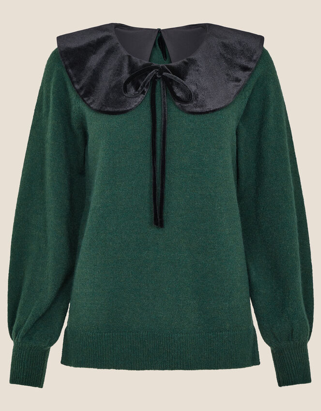 Velvet Tie Collar Knit Jumper, Green (GREEN), large