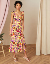 Bethany Floral Midi Dress in Sustainable Cotton, Yellow (YELLOW), large