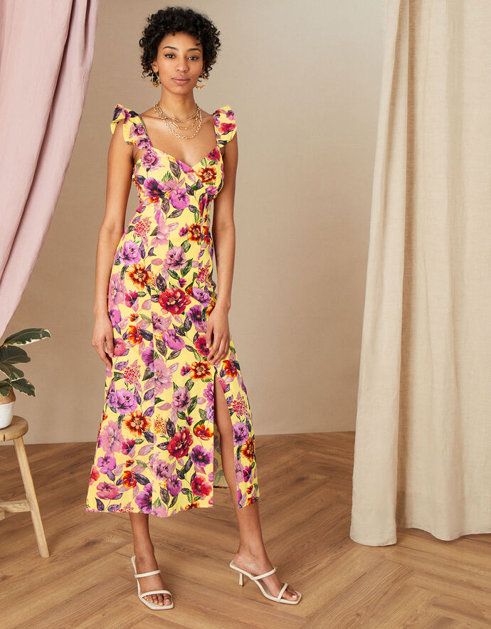 Bethany Floral Midi Dress in Sustainable Cotton Yellow