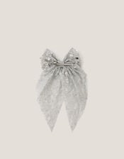 Long Sequin Bow Hair Clip, Silver (SILVER), large