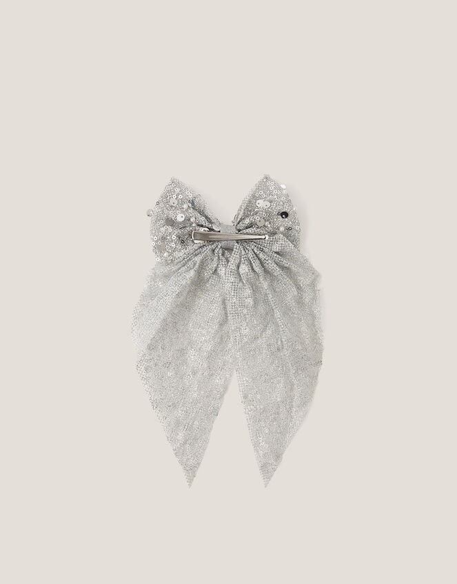 Long Sequin Bow Hair Clip, Silver (SILVER), large