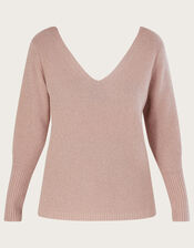 V-Back Metallic Twist Jumper with Recycled Polyester, Pink (BLUSH), large