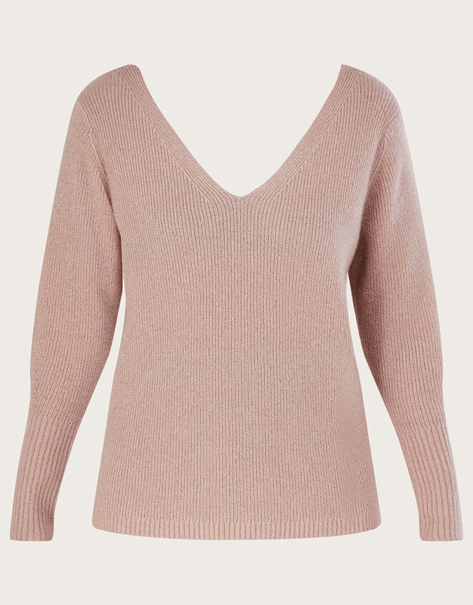 V-Back Metallic Twist Sweater with Recycled Polyester, Pink (BLUSH), large