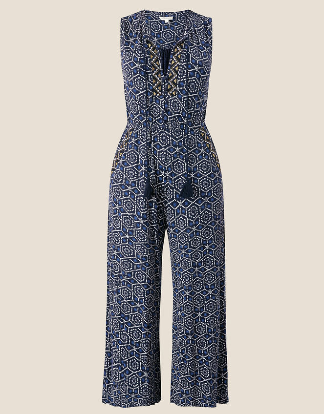 Geometric Print Jersey Jumpsuit , Blue (NAVY), large