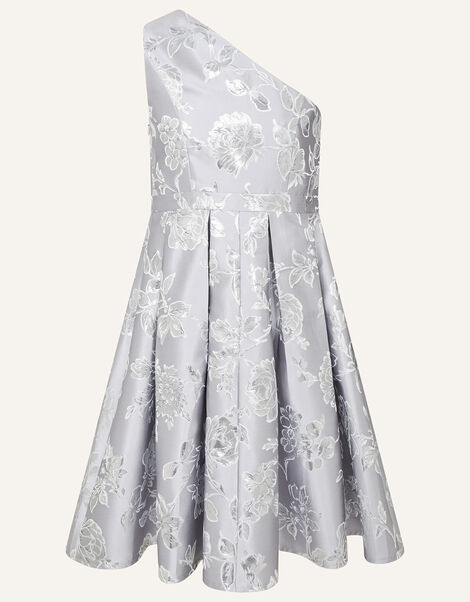One-Shoulder Floral Jacquard Prom Dress Silver, Silver (SILVER), large
