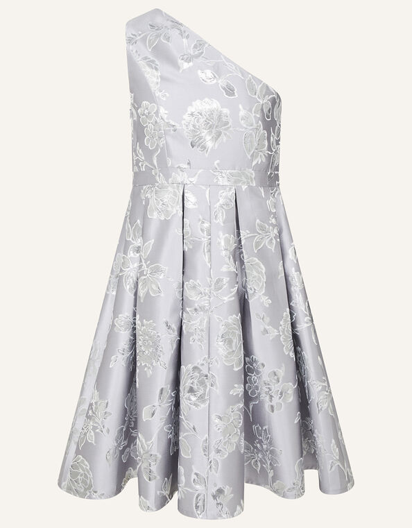 One-Shoulder Floral Jacquard Prom Dress, Silver (SILVER), large