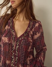 Poppy V-Neck Embellished Patchwork Blouse, Red (BURGUNDY), large