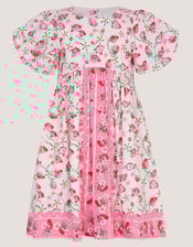 Puff Sleeve Strawberry Print Dress, Ivory (IVORY), large
