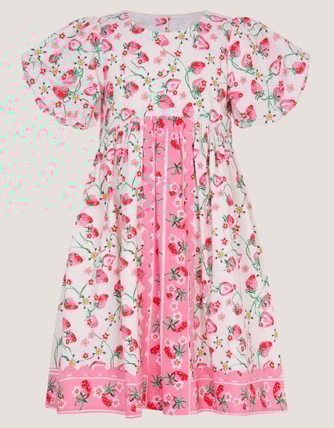 Puff Sleeve Strawberry Print Dress, Ivory (IVORY), large