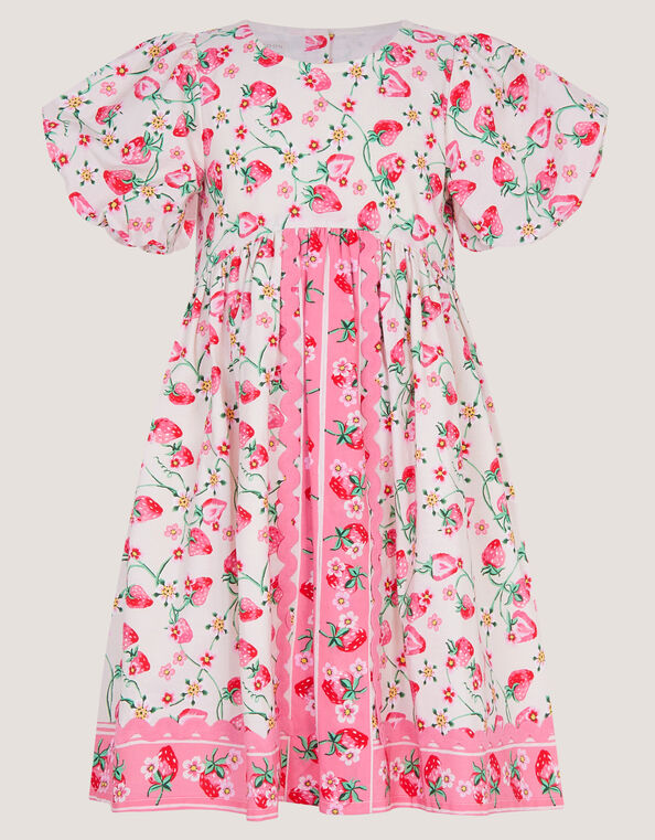 Puff Sleeve Strawberry Print Dress, Ivory (IVORY), large