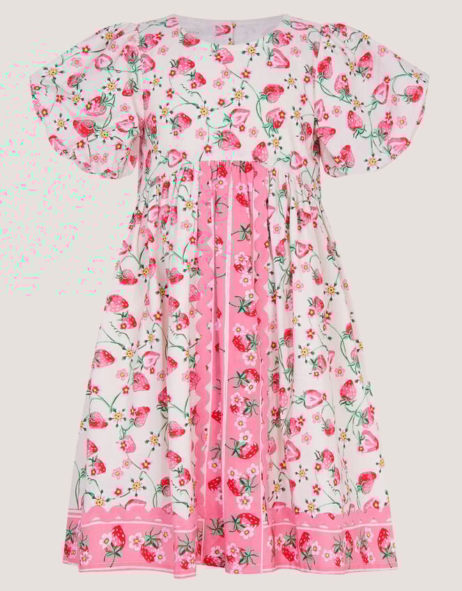 Puff Sleeve Strawberry Print Dress, Ivory (IVORY), large