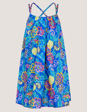 Tropical Floral Crossover Dress, Blue (BLUE), large