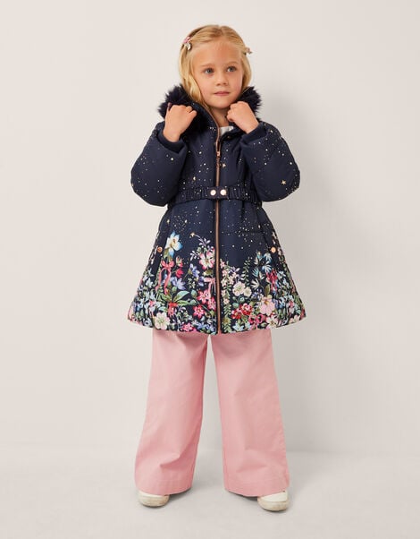 Starry Floral Hooded Coat, Blue (NAVY), large